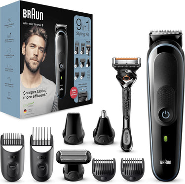 Braun Recortadora Todo En Uno 5 MGK5380, Recortadora De Barba 9 En 1 Para Hombre, Máquina de afeitar, Cortapelos, Para La Cara, Pelo, Orejas, Nariz, 7 Accesorios, Negro/Azul